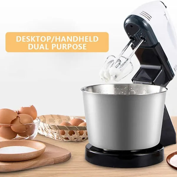 Elektrischer Handmixer mit Standfuß & Schüssel – 7 Geschwindigkeiten | Teighaken, Schneebesen & 1,7L Edelstahlschüssel