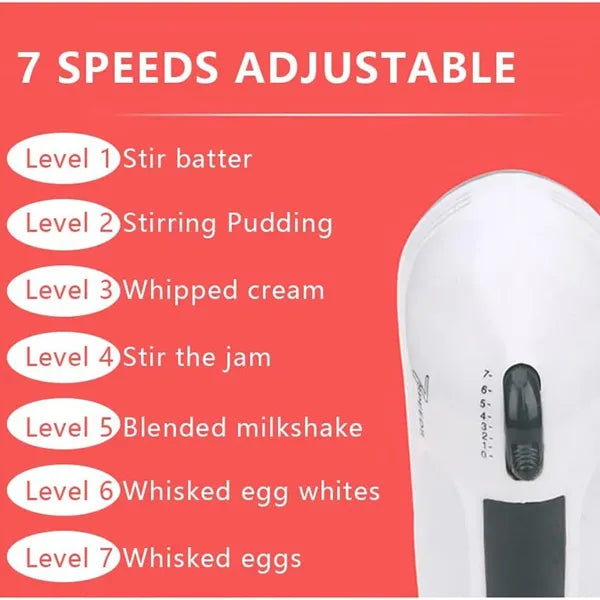Elektrischer Handmixer mit Standfuß & Schüssel – 7 Geschwindigkeiten | Teighaken, Schneebesen & 1,7L Edelstahlschüssel