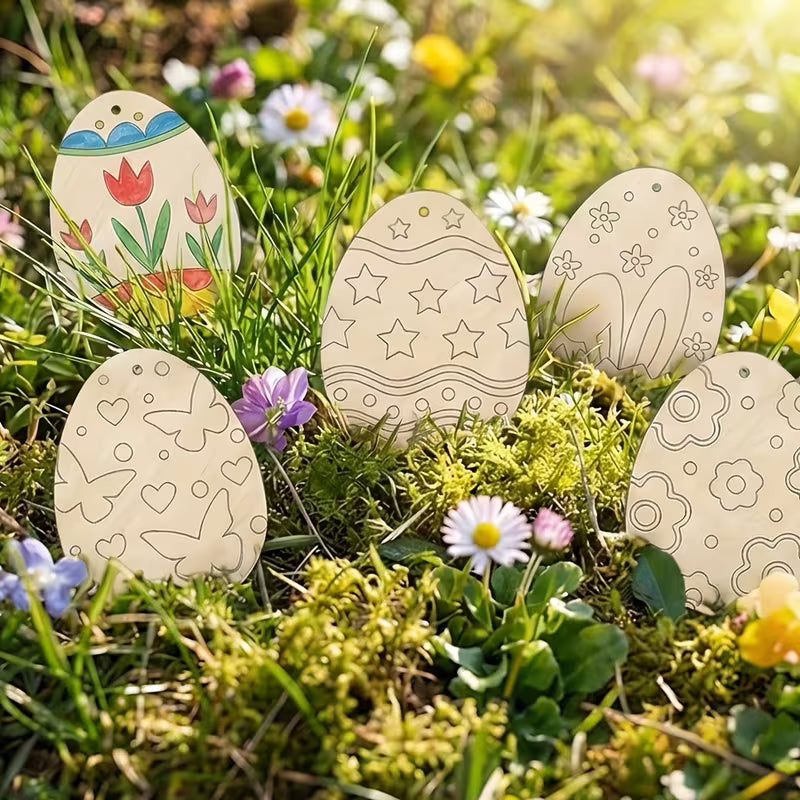 Holz-Ostereier-Ornamente – 10 Eier + 10 Schnüre | DIY-Hängedekoration | Ostern & Frühling