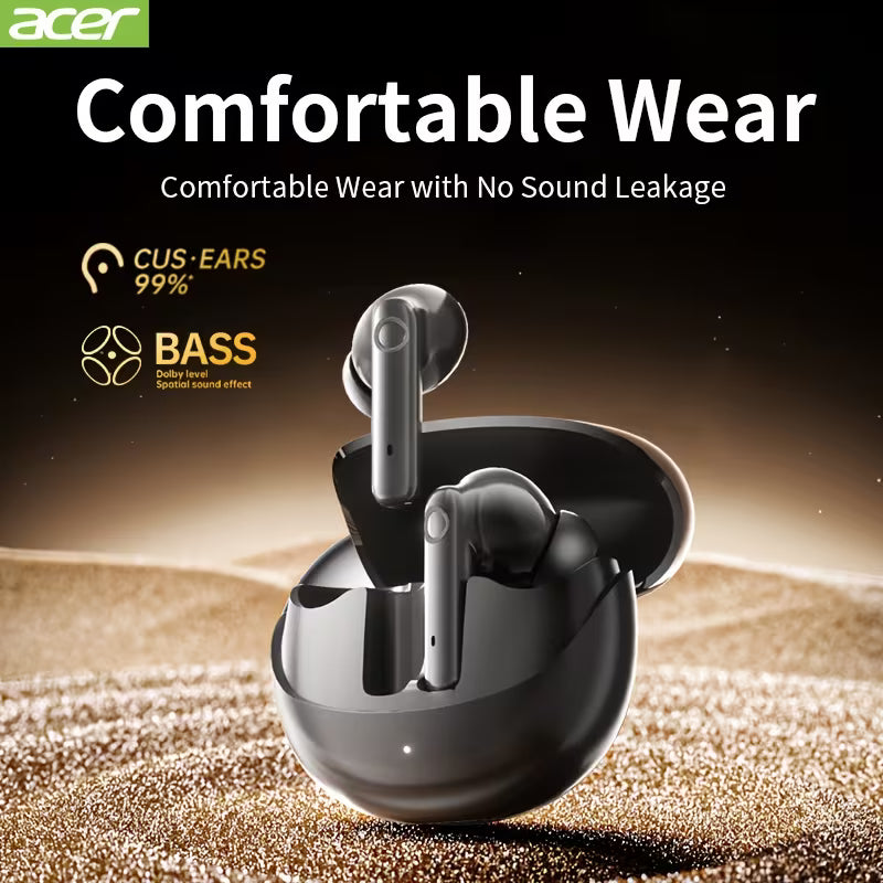 Acer TWS Kabellose Ohrhörer – Tiefer Bass, ultra-niedrige Latenz & lange Akkulaufzeit | Beige & Schwarz