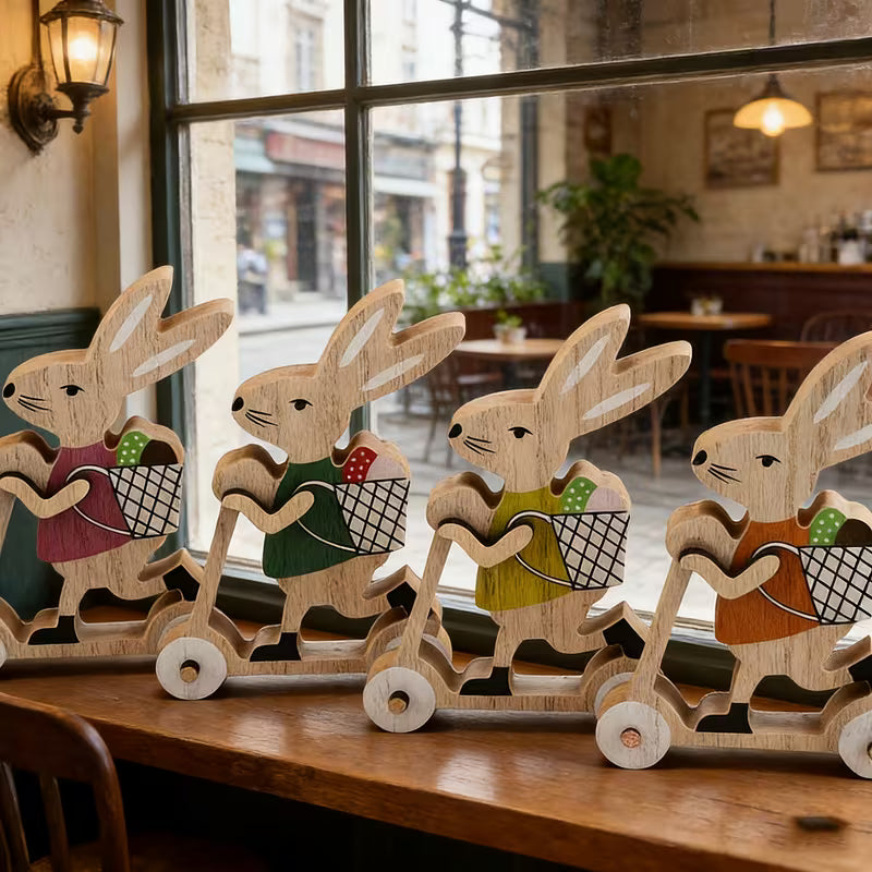 Osterhase Fahrraddekorationen – Set aus 2 | Holz-Frühlingsornamente | Tisch- & Regal-Deko