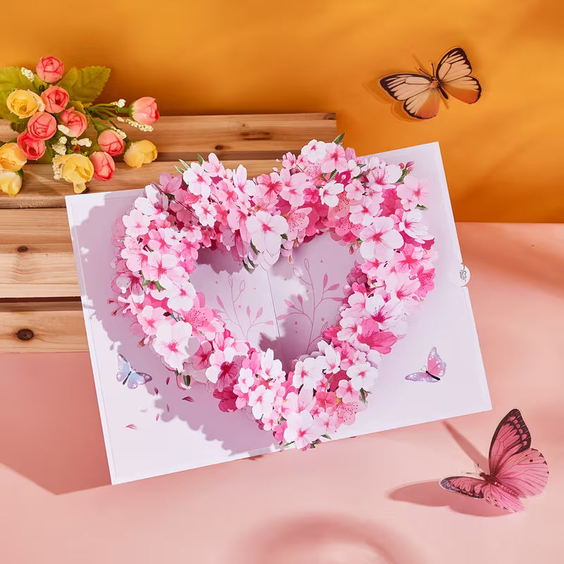 3D-Popup-Grußkarte – Herz & Kirschblüten | Luxuriöse Grußkarte für jeden Anlass