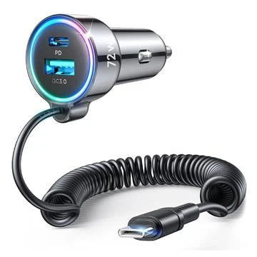 Joyroom JR-CL07 72W 3-in-1 Schnellladegerät fürs Auto – USB-C & USB-A mit integriertem Kabel | Schwarz