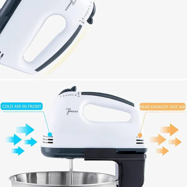 Elektrischer Handmixer mit Standfuß & Schüssel – 7 Geschwindigkeiten | Teighaken, Schneebesen & 1,7L Edelstahlschüssel