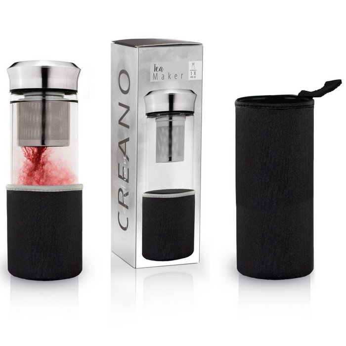 Teamaker "Black" 400ml – Glas-Tee-Infuser-Flasche mit Edelstahlfilter & Neopren-Hülle