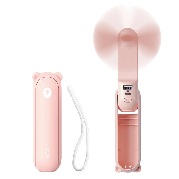 Jisulife Life8 Tragbarer Ventilator – 3-in-1 USB-Ventilator, Power Bank & Taschenlampe | 2000mAh | Pink