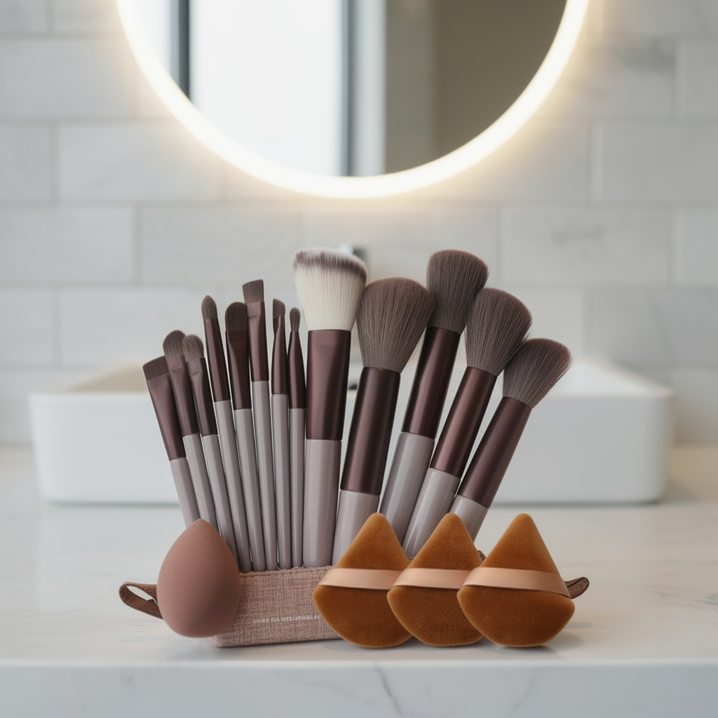 17-teiliges Make-up-Pinselset – Gesichts- & Augenpinsel mit Pümpchen | Komplettes Beauty-Set